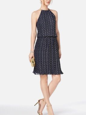Navy Polka Dot Halter Neck Dress - Classic Women's Summer Dress